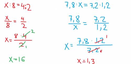 Найдите неизвестный член поопорций х:8=4:2. 7,8:х= 7,2:1,2