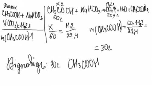 Скільки етанової кислоти потрібно для реакції з натрій гідрокарбонатом, щоб утворилося 11,2л вуглеки