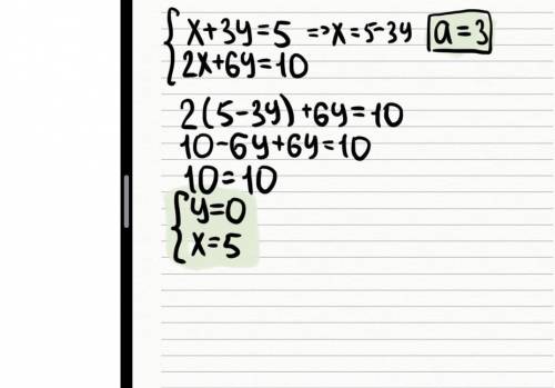 Визначте, скільки розвязків від значення a має система рівняння x+ay=5 2x+6y=10