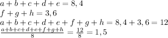 a+b+c+d+e=8,4\\f+g+h=3,6\\a+b+c+d+e+f+g+h=8,4+3,6=12\\\frac{a+b+c+d+e+f+g+h}{8} =\frac{12}{8} =1,5