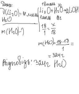 В результаті реакції води з літій оксидом утворився літій гідроксид. Порахуй масу води, яка вступить