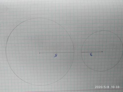Радиусы окружностей равны 3 и 5 см, а расстояние между их центрами равно 9 см. Изобразите взаимное р