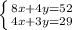 \left \{ {8x + 4y = 52} \atop {4x + 3y = 29}} \right.