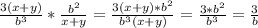 \frac{3(x+y)}{b^{3} } * \frac{b^{2} }{x+y} = \frac{3 (x+y) * b^{2} }{b^{3}(x+y) } = \frac{3*b^{2} }{b^{3} } = \frac{3}{b}