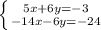 \left \{ {{5x+6y=-3} \atop {-14x-6y=-24}} \right.