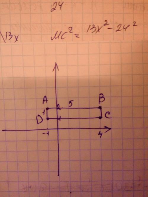 Побудувати прямокутник ABCD якщо А (-1;2), B (4;2), C(4;1). Записати координати вершини D, знайти пл