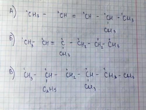 СОСТАВЬТЕ СТРУКТУРНЫЕ ФОРМУЛЫ ПО НАЗВАНИЮ УГЛЕВОДОРОДА А) 4- метилпентин -2 Б) 3 - метилгексен -2 В)