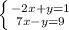 \left \{ {{-2x+y=1} \atop {7x-y=9}} \right.