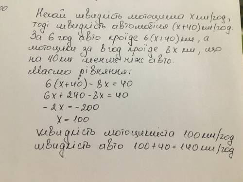 Люди до ть Решите задачу : Швидкість авто на 20 км/год більша , ніж швидкість мотоцикла.Авто за 6 го