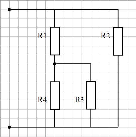 Розрахувати еквівалентну опір, якщо R1=2 Ом, R2=4 Ом, R3=4 Ом, R4=4 Ом