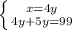 \left \{ {{x=4y} \atop {4y+5y=99}} \right.