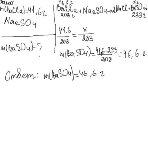 К раствору, содержащему барий хлорид массой 41,6 г, прилили раствор, содержащий натрий сульфат. Расс