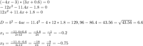 (-4x-3)*(3x+0.6)=0\\-12x^{2}-11.4x-1.8=0\\12x^{2}+11.4x+1.8=0\\\\D=b^{2}-4ac=11.4^{2}-4*12*1.8=129,96-86.4=43.56=\sqrt{43.56}=6.6\\\\x_{1}=\frac{-11.4+6.6}{2*12}=\frac{-4.8}{24}=\frac{-1}{5}=-0.2\\\\ x_{2}=\frac{-11.4-6.6}{2*12}=\frac{-18}{24}=\frac{-9}{12}=-0.75