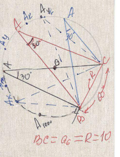 Вписать в окружность радиуса 10 треугольник со стороной 10 и противолежащим углом в 30 градусов. Нуж