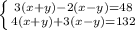 \left \{ {{ 3(x+y)-2(x-y)=48} \atop {4(x+y)+3(x-y)=132}} \right.