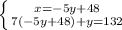 \left \{ {{x=-5y+48} \atop {7(-5y+48)+y=132}} \right.