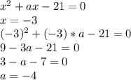 x^2+ax-21=0\\x=-3\\(-3)^2+(-3)*a-21=0\\9-3a-21=0\\3-a-7=0\\a= -4