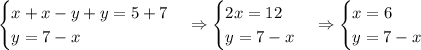 \begin{cases}x+x-y+y=5+7\\y=7-x\end{cases}\Rightarrow\begin{cases}2x=12\\y=7-x\end{cases}\Rightarrow\begin{cases}x=6\\y=7-x\end{cases}