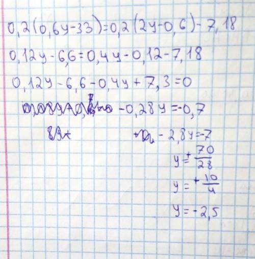 Решите уравнение 0.2(0.6у-33)=0.2(2у-0.6)-7.18