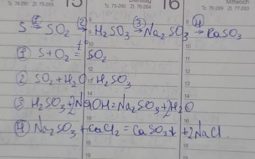 Осуществить превращения. S → SO2 → H2SO3 → Na2SO3 → CaSO3