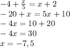 -4+\frac{x}{5} =x+2\\-20+x=5x+10\\-4x=10+20\\-4x=30\\x=-7,5