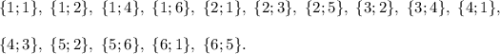 \{1;1\},~\{1;2\},~\{1;4\},~\{1;6\},~\{2;1\},~\{2;3\},~\{2;5\},~\{3;2\},~\{3;4\},~\{4;1\},\\ \\ \{4;3\},~\{5;2\},~\{5;6\},~\{6;1\},~\{6;5\}.