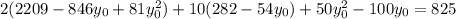 2(2209 - 846y_{0} + 81y_{0}^{2}) + 10(282 - 54y_{0}) + 50y^{2}_{0} - 100y_{0} = 825