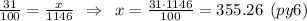 \frac{31}{100}=\frac{x}{1146} \:\: \Rightarrow \:\: x=\frac{31\cdot 1146}{100} = 355.26 \:\: (py6)