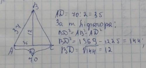 Основа рівнобедреного трикутника дорівнює 70, а бічна сторона 37. Знайдіть висоту трикутника, провед