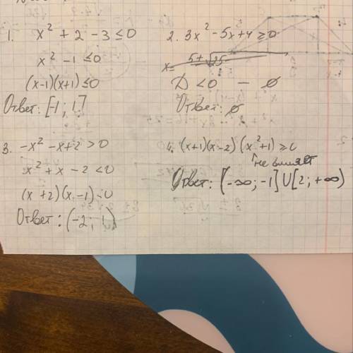 очень нужно решить неравенство 1)x^2+2x/x-3<=02)3x^2-5x+4>=03)-x^2-x+2>04)(x+1)(x-2)(x^2+1)