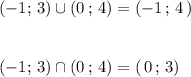 (-1;\, 3)\cup (0\, ;\, 4)=(-1\, ;\, 4\, )\\\\\\(-1;\, 3)\cap (0\, ;\, 4)=(\, 0\, ;\, 3)\,