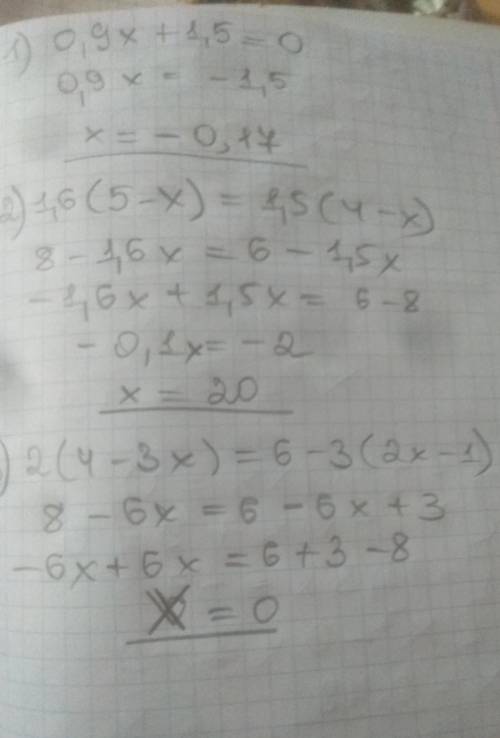 Решить уровнение: 1) 0,9x+1/5=0 2) 1,6(5-x)=1,5(4-x) 3) 2(4-3x)=6-3(2x-1)