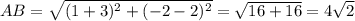 AB=\sqrt{(1+3)^{2}+(-2-2)^{2} } } =\sqrt{16+16} =4\sqrt{2}