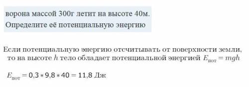 Ворона массой 300г летит на высоте 40м. Определите её потенциальную энергию