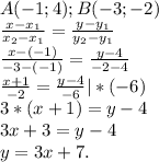 A(-1;4);B(-3;-2)\\ \frac{x-x_{1} }{x_{2}-x_{1} } =\frac{y-y_{1} }{y_{2} -y_{1} } \\\frac{x-(-1)}{-3-(-1)}=\frac{y-4}{-2-4} \\ \frac{x+1}{-2} =\frac{y-4}{-6}|*(-6)\\ 3*(x+1)=y-4\\ 3x+3=y-4\\ y=3x+ 7.