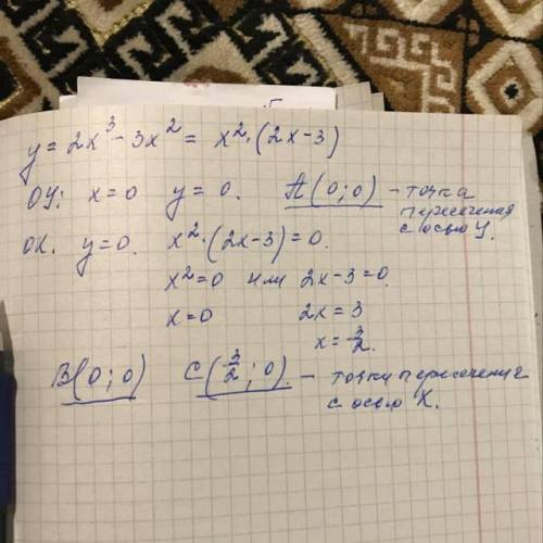 Найти точки пересечения графика с осями координат у=2x^3-3x^2