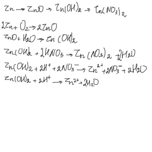 Дана схема превращений Zn→ZnO→Zn(OН)2 →Zn(NO3)2 Напишите молекулярные уравнения реакций, с которых м