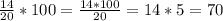 \frac{14}{20} *100=\frac{14*100}{20} =14*5=70