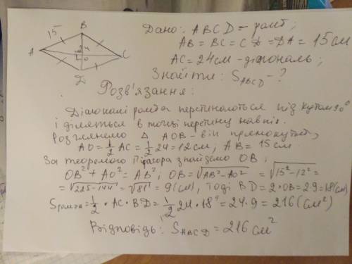 Знайдіть площу ромба сторона якого дорівнює 15см а одна з діагоналей 24 см​