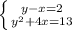 \left \{ {{y-x=2} \atop {y^{2}+4x=13 }} \right.