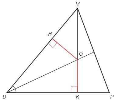 В остроугольном треугольнике ДМР биссектриса угла Д пересекает высоту МК в точке О , причём ОК= 17 с