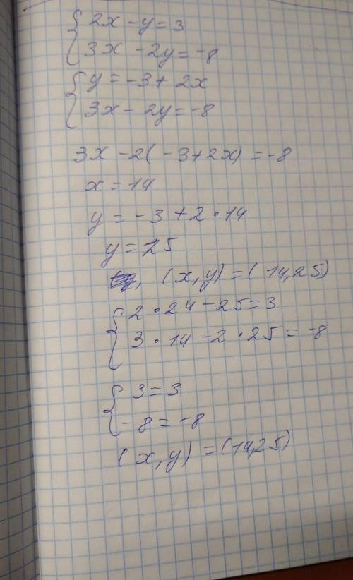 Розв'язати систему рівнянь зручним х-y=3 3x-2y=-8A (-14;25) Б (14;-25)В (-14;-25) Г (14;25)​