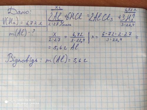 Визначити масу алюмінію який може витіснити 6.72 л водню (н.у) з хлоридної кислоти