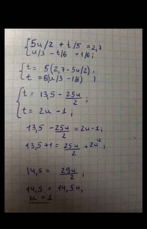 Реши систему уравнений методом подстановки. 5/2+/5=2,7 /3−/6=1/6