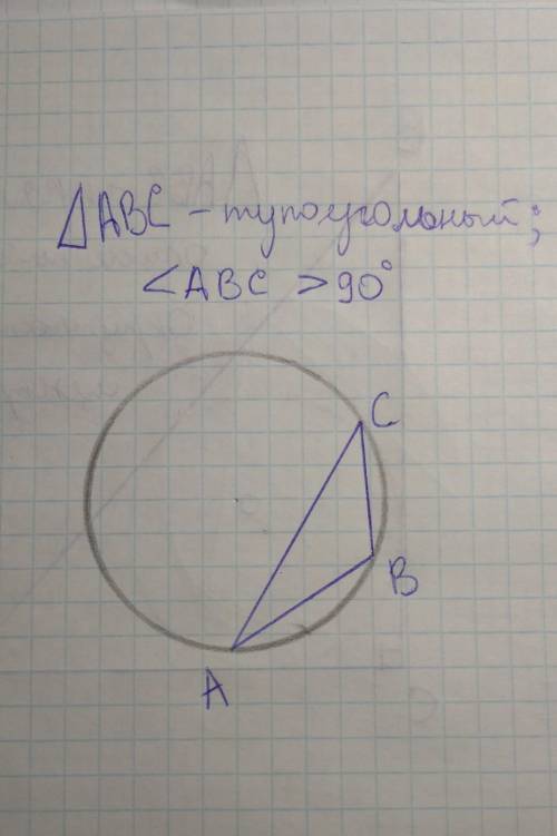 Нарисуйте окружность. Постройте тупоугольный треугольник, вписанный в эту окружность.