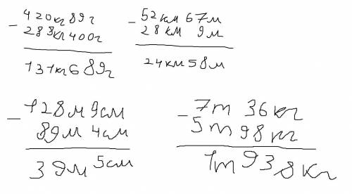 420 кг 89 г– 288 кг 400 г 52 км 67 м– 28 км 9 м 128 м 9 см – 89 м4 см 7т 36 кг – 5 т 98 кг И решить