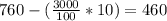 760 - (\frac{3000}{100} * 10) = 460