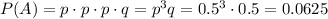 P(A)=p\cdot p\cdot p\cdot q=p^3q=0.5^3\cdot0.5=0.0625