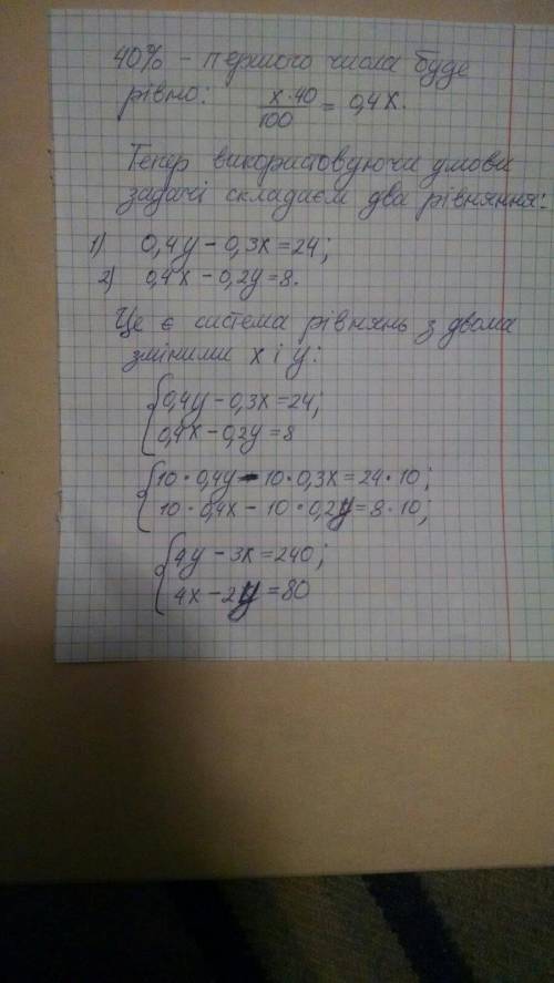 30% першого числа на 24 менше, ніж40% другого, а 40% першого на 8 більше, ніж 20% другого. Знайти ці