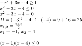 -x^2+3x+4\geq0\\x^2-3x-4\leq0\\x^2-3x-4=0\\D=(-3)^2-4\cdot1\cdot(-4)=9+16=25\\x_{1,2}=\frac{3\pm5}2\\x_1=-1,\;x_2=4\\\\(x+1)(x-4)\leq0